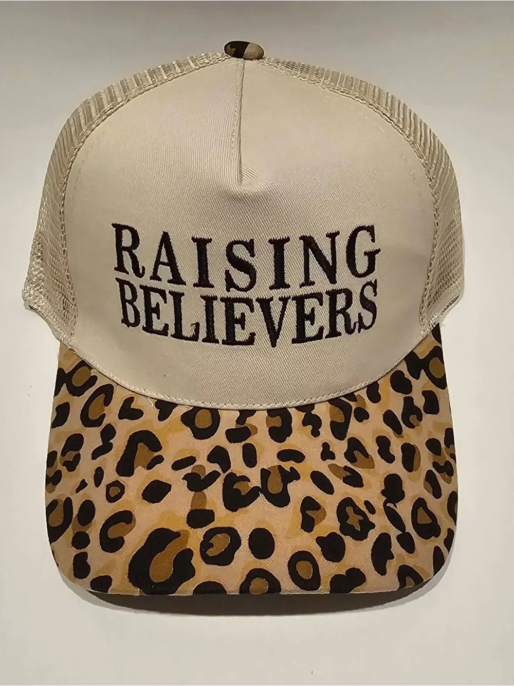 Raising Believers Beige Leopard-Print Trucker Hat